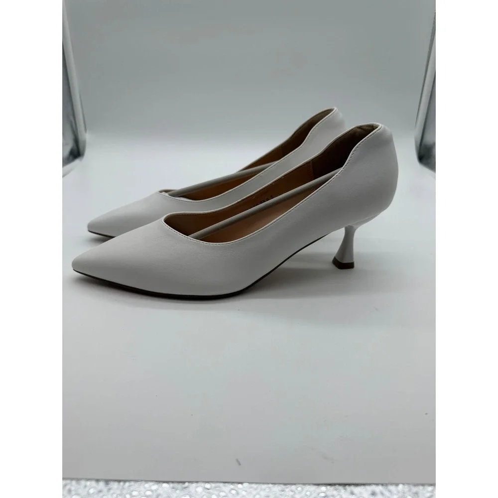 White Pointed Toe Kitten Heel Pumps Flared Stiletto Dress Shoes Womens 8.5